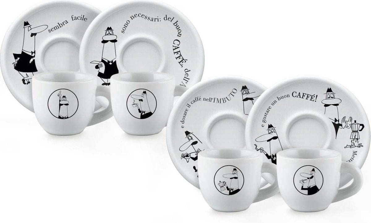 Bialetti Kaffeetassen mit Untertassen – 4er-Set – Porzellan – weiß – original italienisches Design