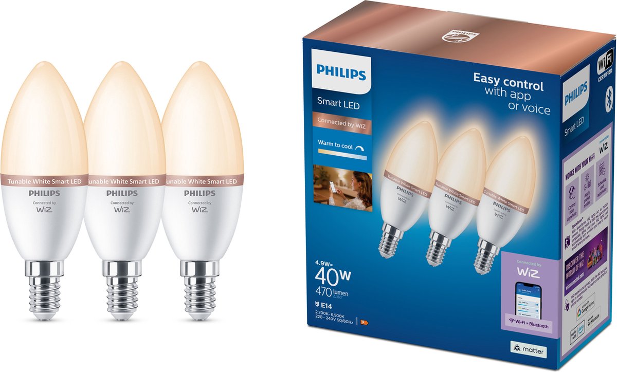 Philips Lighting Philips Smart LED-Lampe C37, E14-Fassung, 470 lm, 3er-Pack