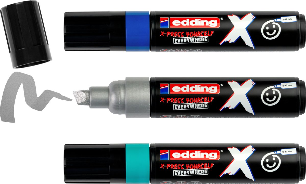 Edding 6900 x Multimarker – 3er-Set blau, türkis, silber – für alle Oberflächen geeignet – Keilspitze 2–10 mm – vegane Tinte – aus recyceltem Kunststoff – lokal in Deutschland produziert
