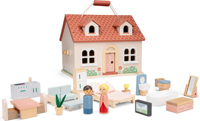 Tragbares Puppenhaus aus Holz von Woet® – komplett mit 18 Möbelstücken und 2 Puppen – pastellrosa Spielhaus für Kinder – FSC – Rollenspielspielzeug – ab 3 Jahren