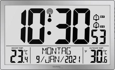Technoline ws 8113 – Wanduhr – digital – rechteckig – funkgesteuerte Zeitanzeige und Bedienungsanleitung – 12 24 – Datumsanzeige – 7 Sprachen – Innen- und Außentemperatur – 2 Alarme – Schlummerfunktion – Kunststoff – Zahlen – silberfarben