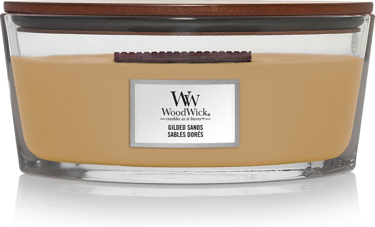 Woodwick Heartwick Flame Ellipse Duftkerze – vergoldeter Sand – 50 Brennstunden