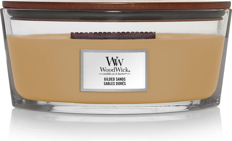 Woodwick Heartwick Flame Ellipse Duftkerze – vergoldeter Sand – 50 Brennstunden