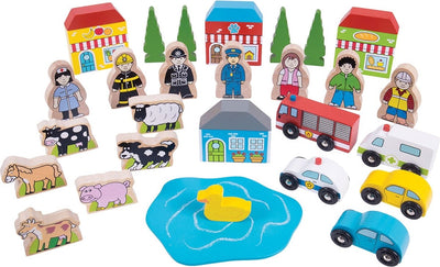 Bigjigs Spielfiguren und Fahrzeuge aus Holz, 32-tlg.
