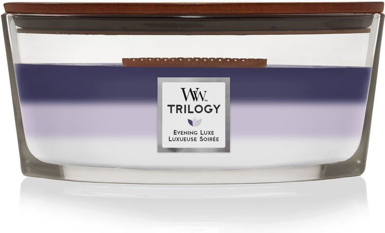 Woodwick Heartwick Flame Trilogy Ellipse-Duftkerze – Abendluxus – 50 Brennstunden
