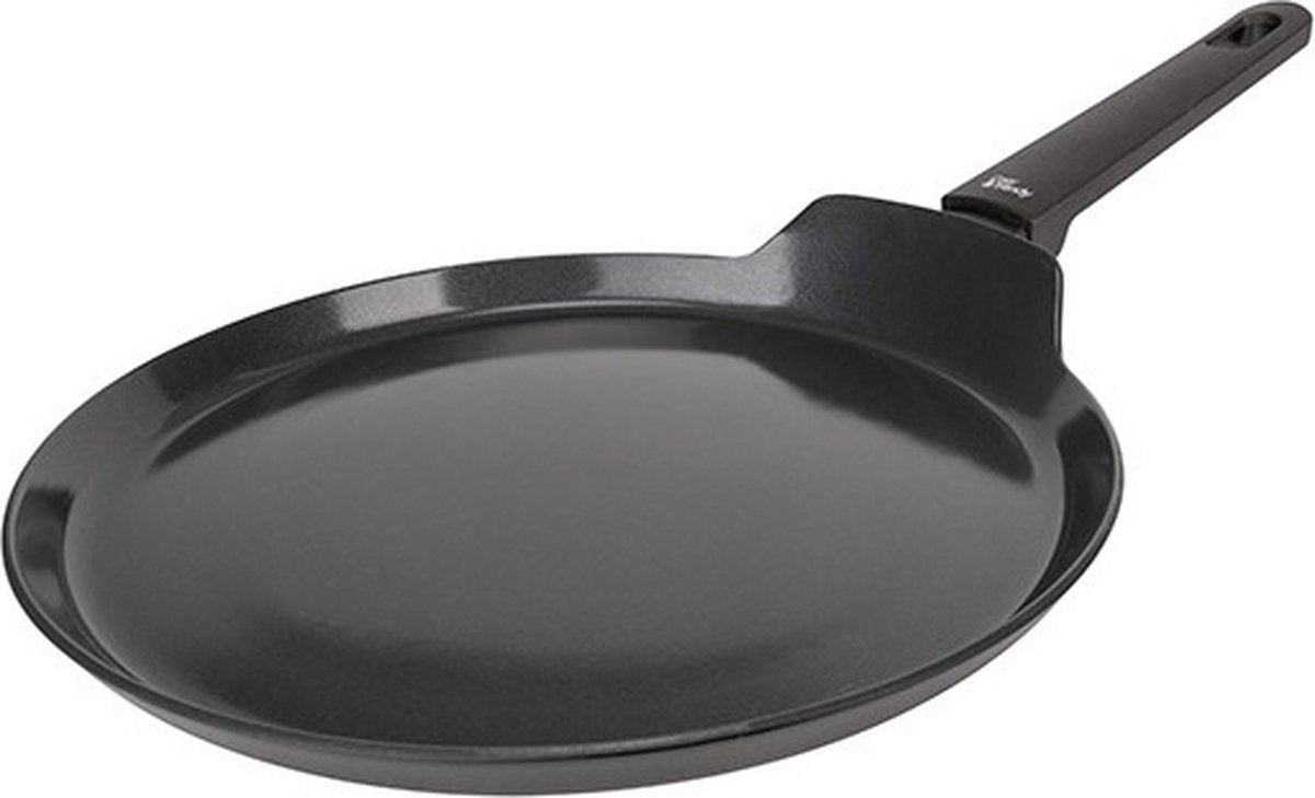 Gemütliche, trendige, vollschwarze Pfannkuchenpfanne – ø 24 cm x 1,8 cm – PFAS-frei – Induktionsbratpfanne – spülmaschinenfest – schnelles Erhitzen – Kaltgriffe – ohne Deckel – schwarz