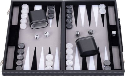 Engelhart Backgammon 18 Zoll – grau, schwarz und weiß eingelegtes Brett – luxuriöses schwarzes Gehäuse mit Griff –