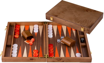 Engelhart Backgammon 18 Zoll – eingelegtes Walnussholz – luxuriöser Walnusskoffer – strategisches Brettspiel-Reisespiel – Langfeldspiele