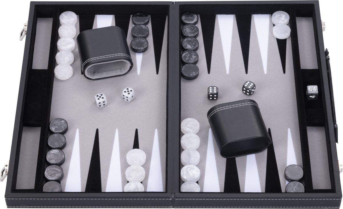 Engelhart Backgammon 15 Zoll - schwarz, weiß und grau eingelegtes Brett - Kunstledertasche mit Griff -