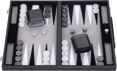 Engelhart Backgammon 15 Zoll - schwarz, weiß und grau eingelegtes Brett - Kunstledertasche mit Griff -