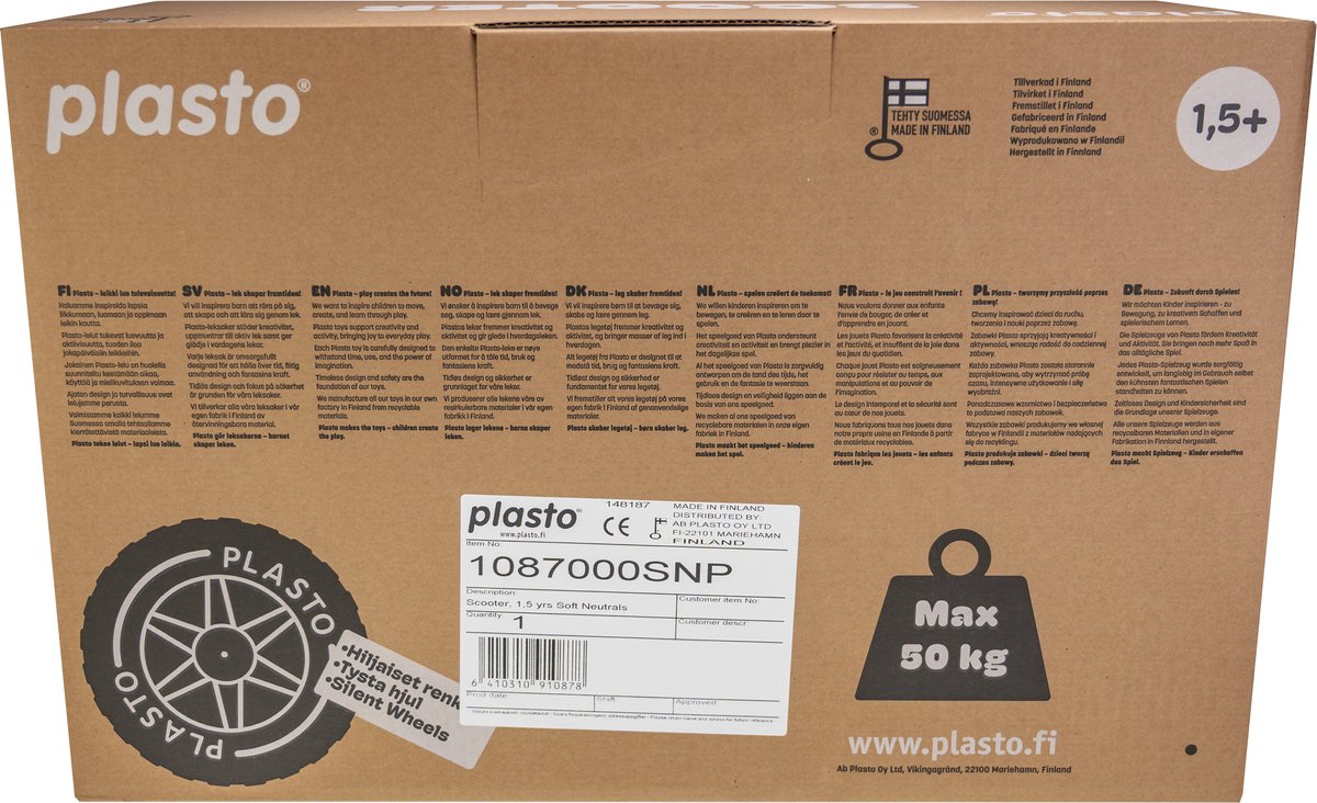 Plasto-Roller in Pfirsichfarbe – Lauflernhilfe – leise Räder – Laufauto – Sitzhöhe 22 cm – Sonderedition in sanften neutralen Farben – hergestellt in Finnland – ab 1 Jahr