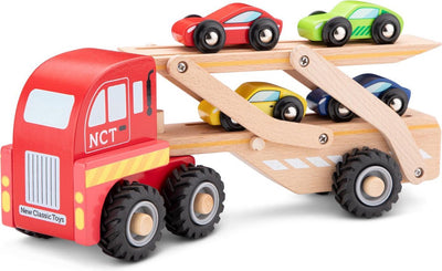Woet® Autotransporter aus Holz – LKW mit Anhänger und 4 Autos – Lernspielzeugfahrzeug – Rollenspielspielzeug – ab 18 Monaten