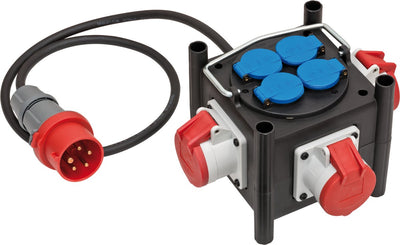 Brennerstuhl Kompakt-Gummi-Stromverteiler für den Bau (1m Kabel, 3x Cee 400V 16A, 4x 230V 16A Pin Erde, Einsatz vor Ort und für den dauerhaften Außeneinsatz, hergestellt in Deutschland)