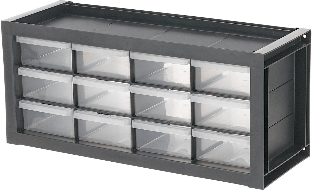 Iris Werkstatt-Organizer 12 Schubladen – DPC-12 Teileschrank – Übersichtsorganisation – Kunststoff – Grau Schwarz
