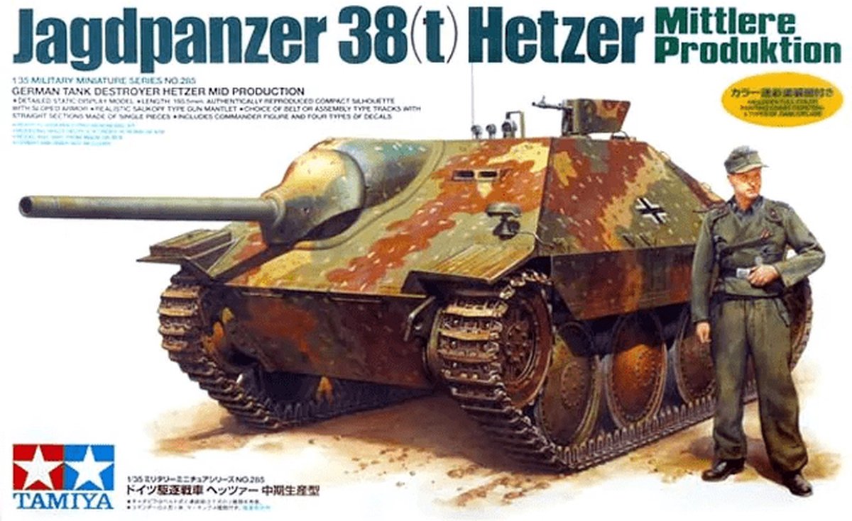 Tamiya Modellbausatz Militärfahrzeuge – 35285 Deutscher 38to Jagdpanzer Hetzer mit 1 Figur aus Kunststoff – 1:35 – Modellbausatz