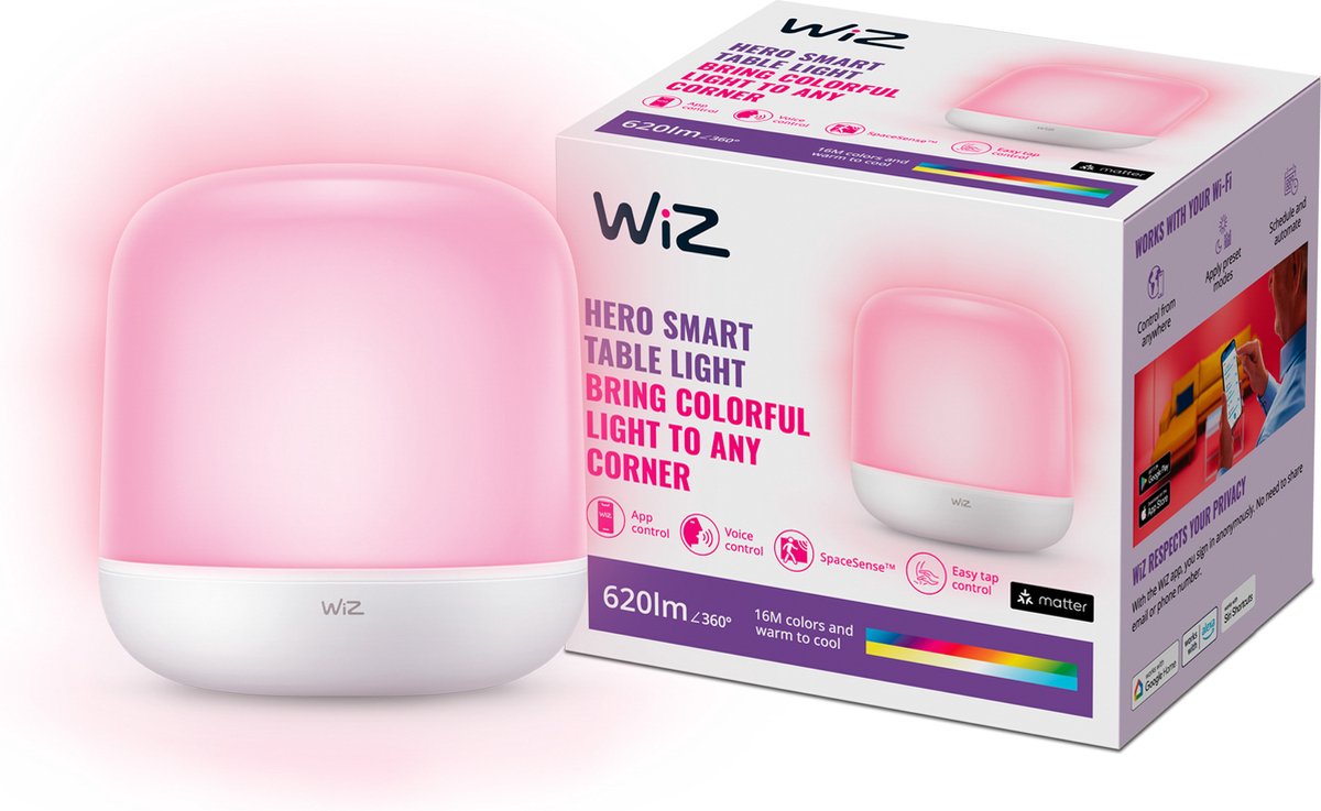 Wiz Tischleuchte Hero – farbiges und weißes Licht – intelligente LED-Beleuchtung – modernes Design – WLAN