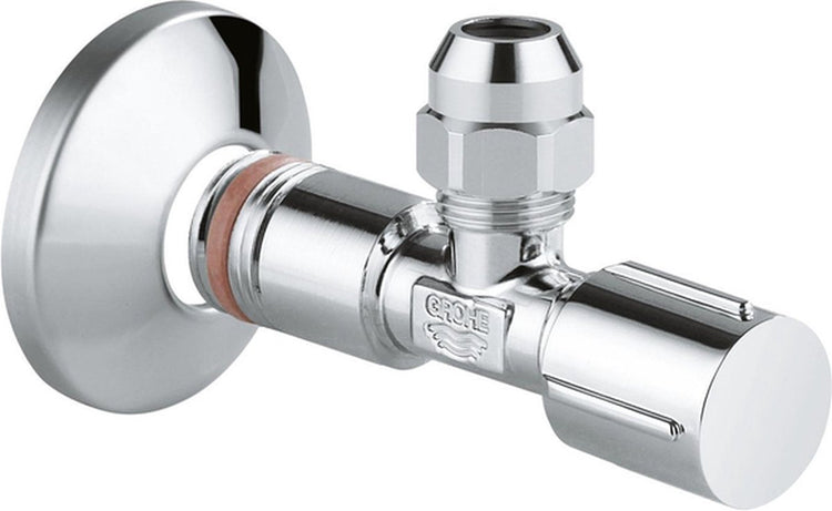 Grohe Eckventil, Kompression mit Teflon-Dichtungsring 1 2 x 3 8 mit Metallgriff Chrom