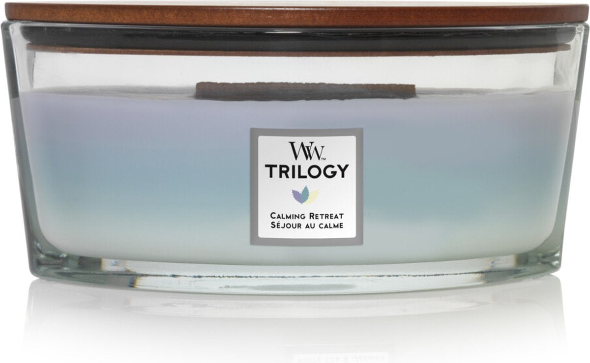 Woodwick Heartwick Flame Trilogy Ellipse-Duftkerze – beruhigender Rückzug – 50 Brennstunden