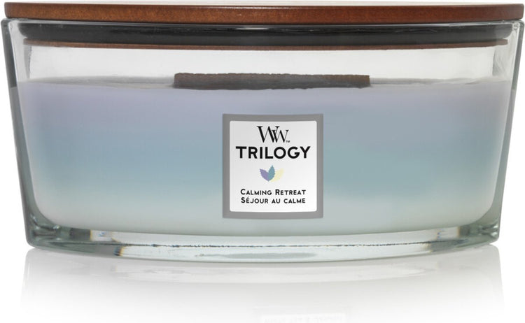 Woodwick Heartwick Flame Trilogy Ellipse-Duftkerze – beruhigender Rückzug – 50 Brennstunden