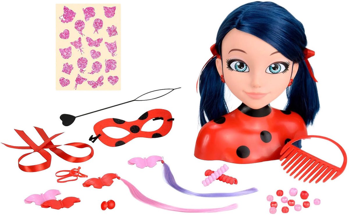 Bandai – Miraculous Ladybug – Miraculous Deluxe-Stylingkopf 21 cm – Marienkäfer-Stylingkopf + 30 Zubehörteile, Clips, Bänder, Schmuck – Miraculous offiziell lizenziert – Kinderspielzeug ab 4 Jahren – P50247