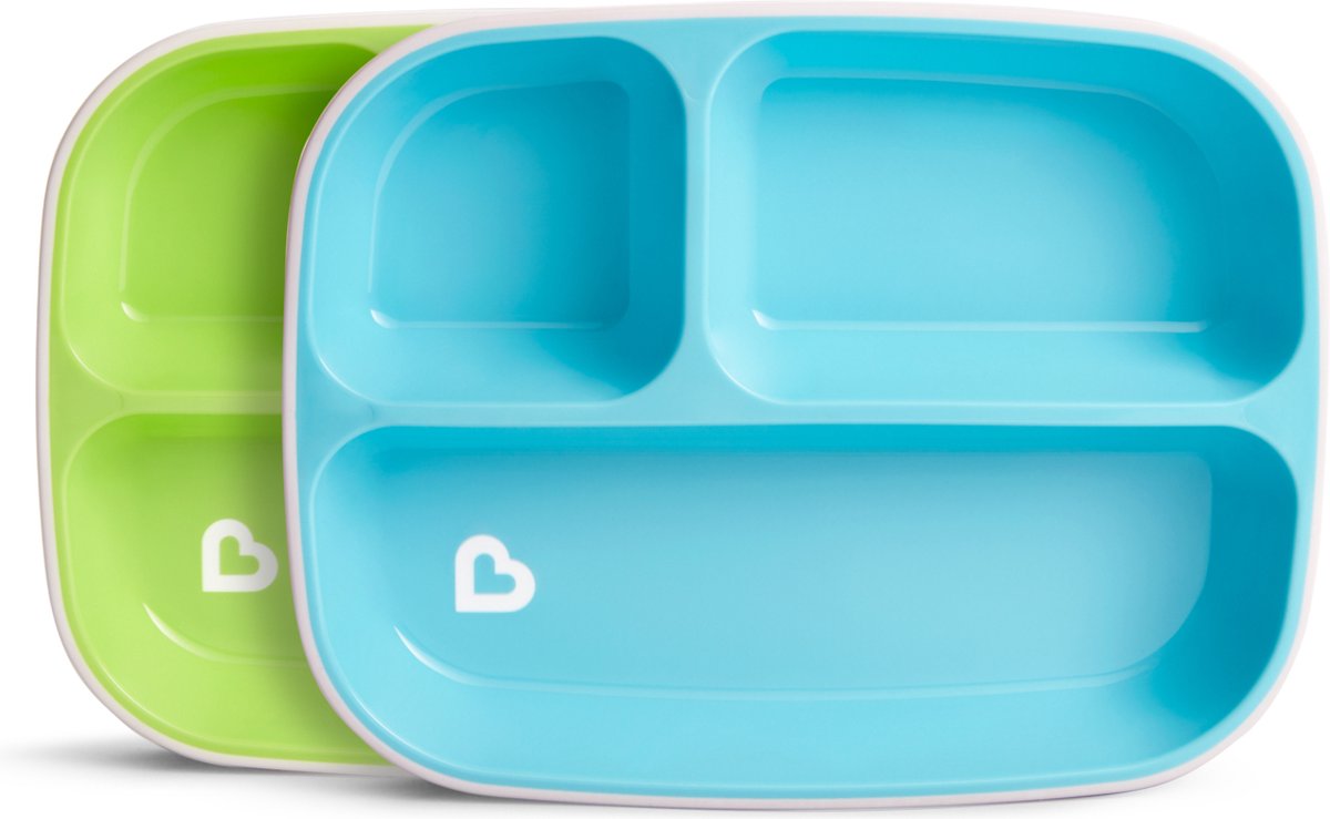 Anti-Rutsch-Teller von Munchkin mit 3 Fächern – spritzwassergeschützt – spülmaschinen- und mikrowellengeeignet – je 2 Stück – Kinderteller – grün blau