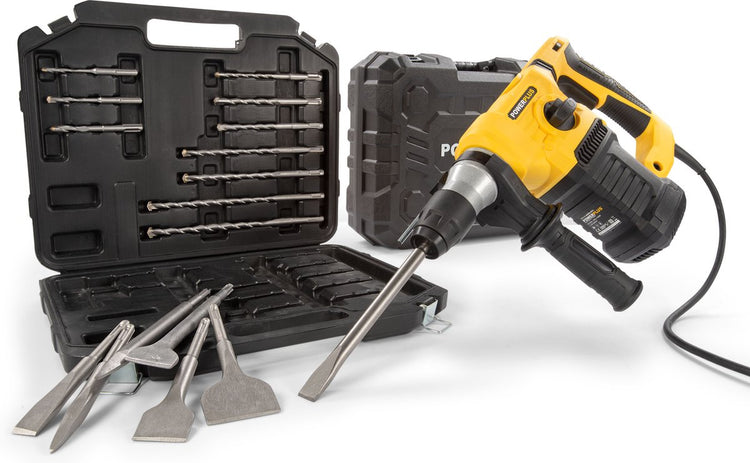 Powerplus Elektro-Schlagbohrmaschine POWX1199 – 4 in 1: Bohren, Hammerbohren, Meißeln und Meißelrotation, 1500 W Bohrmaschine, 5 Jahre, 6 Geschwindigkeitsfunktionen, SDS-plus, 17 Zubehörteile