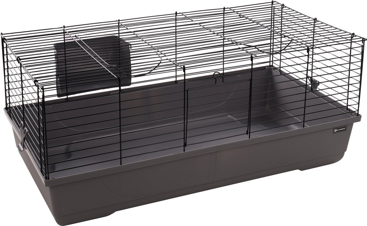 Flamingo-Hamsterkäfig – Mobi – Meerschweinchenkäfig, Zwergkaninchenkäfig – Innenkäfig mit Heuraufe und tiefem Boden – Metall schwarzgrau – 99 x 53 x 42,5 cm – europäische Qualität