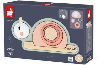 Janods süßer Kokon – sensorische Holzschnecke – lässt sich wie ein Puzzle aus den 6 Holzteilen zusammensetzen – 4 sensorische Teile, die man mit eigenen Händen entdecken kann! - geeignet ab 12 Monaten