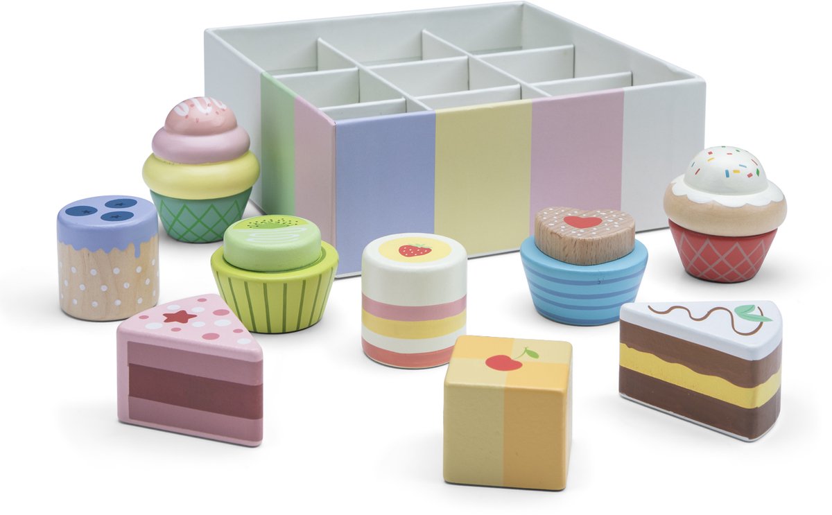 Woet® Spielzeug-Gebäck-Set aus Holz – 9 Stück Kuchen und Cupcakes – Spielzeug-Essen für Kinder – Rollenspiel-Küchenspielzeug – ab 2 Jahren