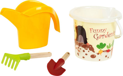 Klein Toys Little Foot Sandgarten-Set – 2 l Sandeimer, Handschaufel, Handrechen und Gießkanne – recycelter Kunststoff – mehrfarbig