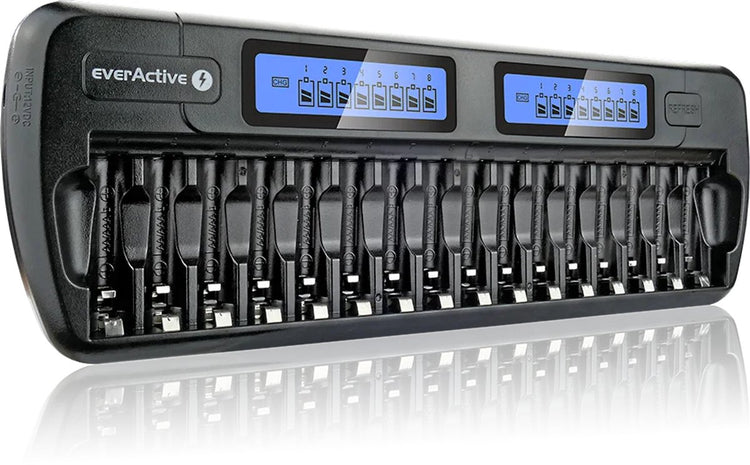 Everactive nc-1600 professionelles Batterieladegerät – für 1 bis 16 AA-Batterien – unabhängige Ladekanäle – LCD-Display – inklusive Autoladegerät