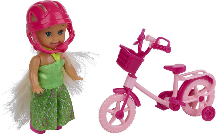 Eddy Toys Modepuppe Mini mit Fahrrad – Modepuppe mit rosa Fahrrad und Helm – Spielset mit Stützrädern und Korb – Minipuppe mit Zubehör – Grün und Rosa