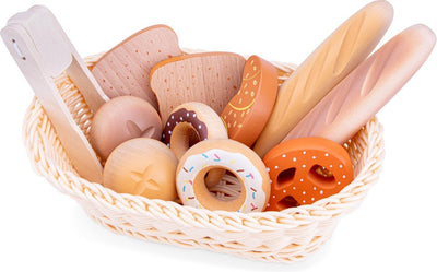 Woet® Brotkorb-Spielset aus Holz – verschiedene Gebäck-Sandwiches im Korb mit Zange – Rollenspiel-Bäckerei – Spielzeug-Küchenzubehör für Kinder – ab 2 Jahren