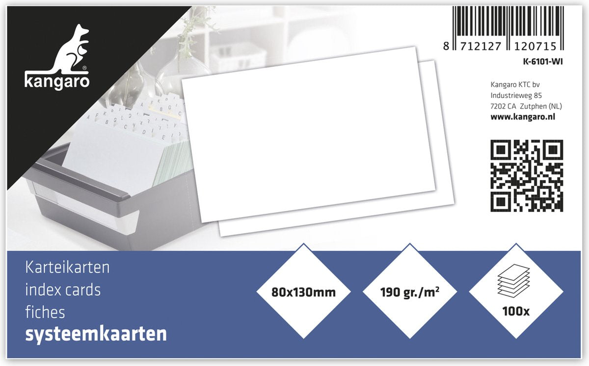 Kangaro-Karteikarte – 80 x 130 mm – blanko – 190 Gramm – Packung mit 100 Blatt – k-6101-wi