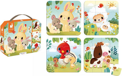 Janod - Papppuzzle - 4 Bauernhof-Puzzles mit 6, 9, 12 und 16 Teilen