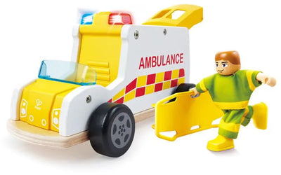 Hape Rettungswagen aus Holz mit Licht und Sound - - ab 24 Monaten