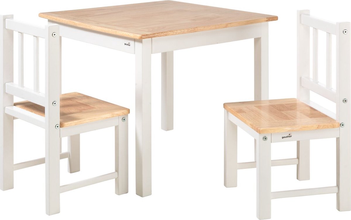 Geuther Kinderstühle für Kleinkinder mit Kindertisch - Kindersitzgruppe - 3-teilige Kindersitzgruppe aus Holz - Maltisch für Kinder - Weiß