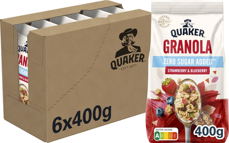 Quaker Müsli ohne Zuckerzusatz Erdbeere Blaubeere – Frühstücksflocken – 6 x 400 Gramm