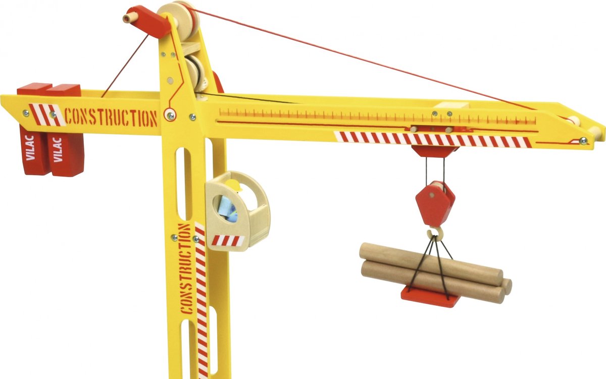 Vilac großer Spielzeugkran aus Holz inklusive Zubehör – 80 cm hoch.
