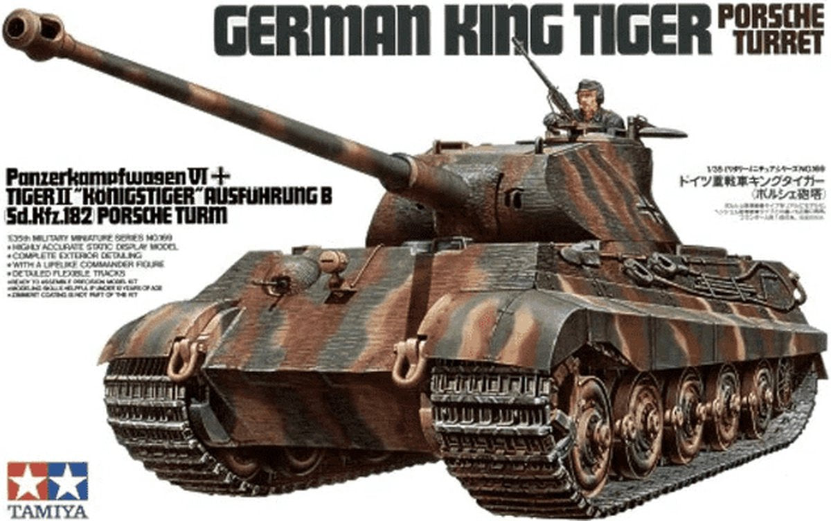 Tamiya Modellbausatzauto – 35169 Deutscher SDKFZ.182 Königlicher Porsche-Panzer mit Figur aus Kunststoff – 1:35 – Modellbausatz