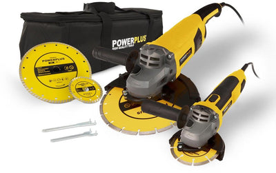 Powerplus Elektro-Winkelschleifer-Set powx06250 – 2 Schleifer 2000 W + 750 W – Schleifscheibe 230 mmᴓ + 115 mmᴓ, Elektrowerkzeug-Set, 4 Zubehörteile.