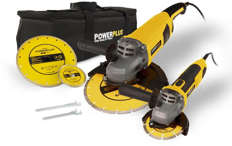 Powerplus Elektro-Winkelschleifer-Set powx06250 – 2 Schleifer 2000 W + 750 W – Schleifscheibe 230 mmᴓ + 115 mmᴓ, Elektrowerkzeug-Set, 4 Zubehörteile.