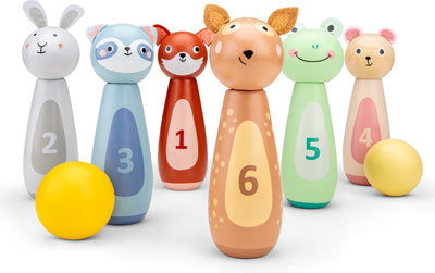 Woet® Tier-Bowling-Set aus Holz für Kinder – Kegelspiel mit 6 Kegeln und 2 Bällen – FSC – Lernspiel – ab 3 Jahren