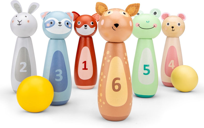 Woet® Tier-Bowling-Set aus Holz für Kinder – Kegelspiel mit 6 Kegeln und 2 Bällen – FSC – Lernspiel – ab 3 Jahren