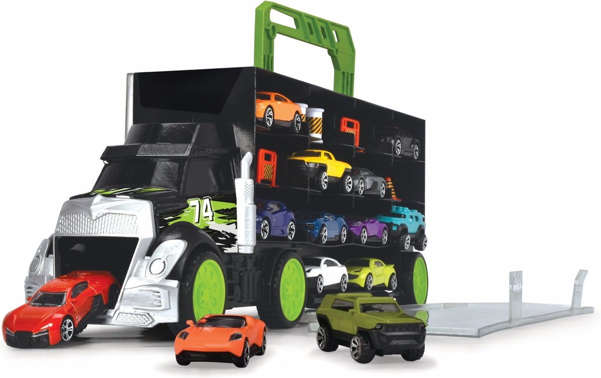 Transporter mit 4 Die-Cast-Autos und Accessoires