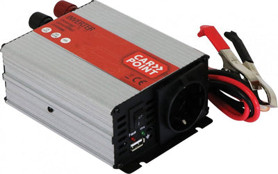 Carpoint-Wechselrichter – 12 V>230 V – Dauerleistung 300 W – Spitzenleistung 600 Watt – USB-Anschluss zum Laden anderer Geräte – Anschluss über Batterie mit Batterieklemmen – eingebauter Kühlventilator – Abmessungen 120 x 100 x 50 mm