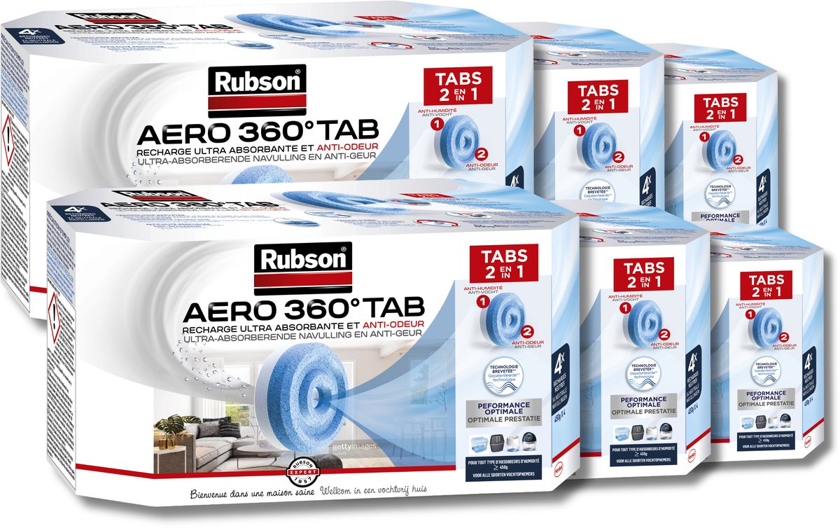 Rubson Nachfüllungen Aero 360 Neutral 24 x 450 g – Feuchtigkeitsabsorber-Nachfülltabletten mit Anti-Geruchs-Technologie