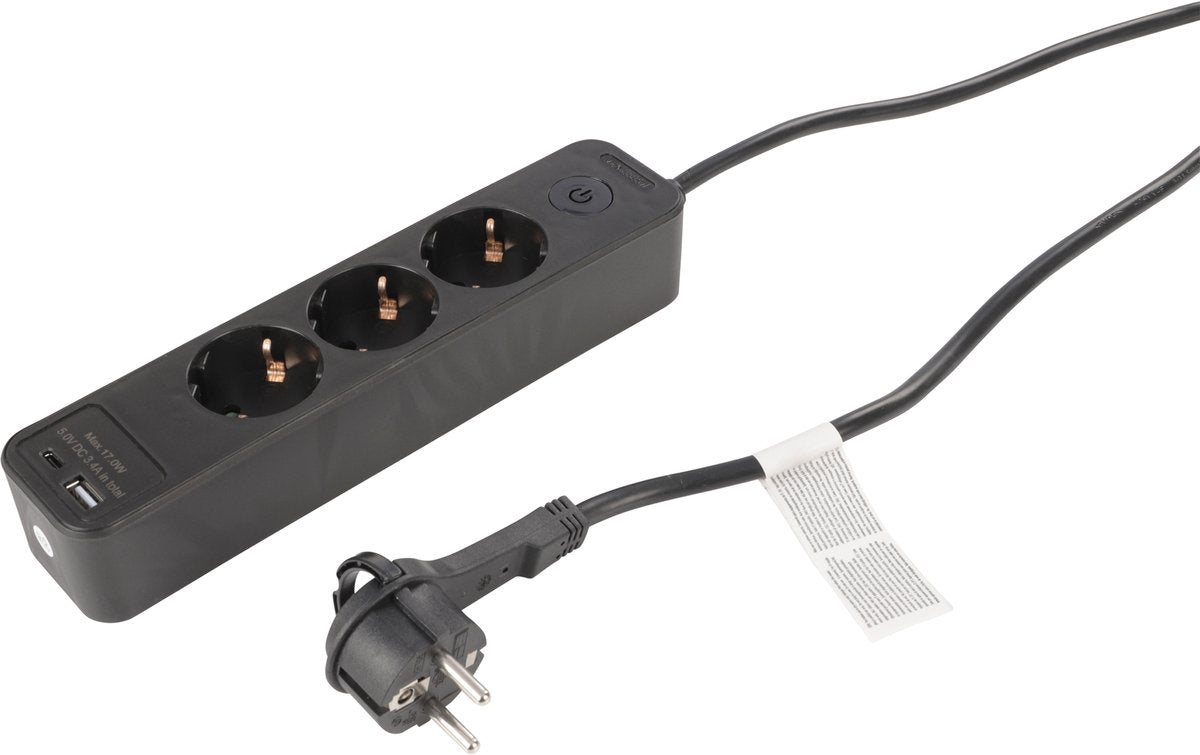 Q-Link-Steckdosenleiste - 3-fach - geerdet - mit Flachstecker - USB A C - 3 x 1,5 mmâ² - 1,5 m - Schwarz