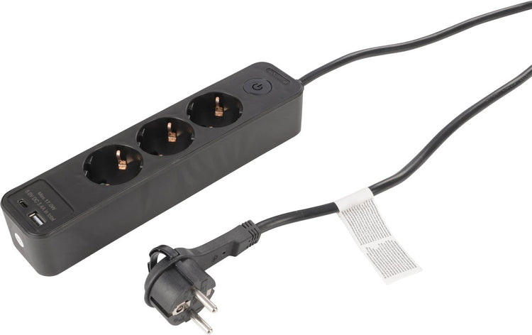 Q-Link-Steckdosenleiste - 3-fach - geerdet - mit Flachstecker - USB A C - 3 x 1,5 mmâ² - 1,5 m - Schwarz