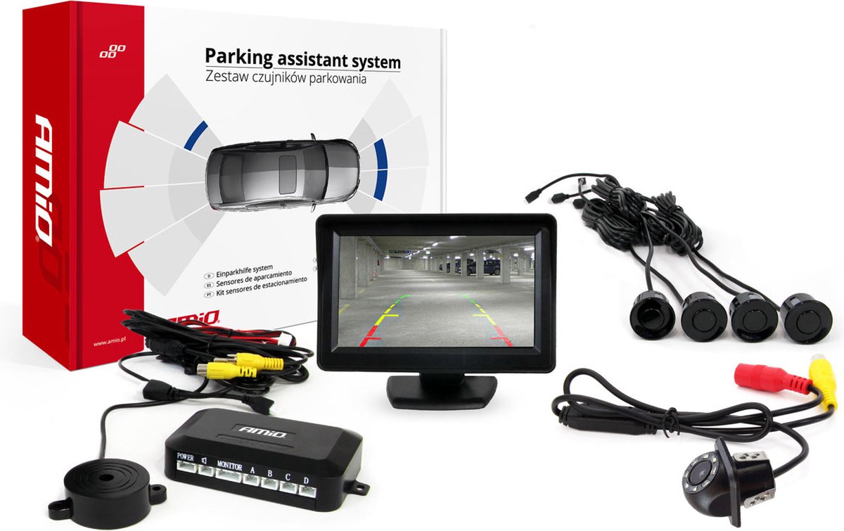 Amio Parksensoren Einparkhilfe (4 Sensoren) mit LCD-Bildschirm + Kamera mit Nachtsicht – universell